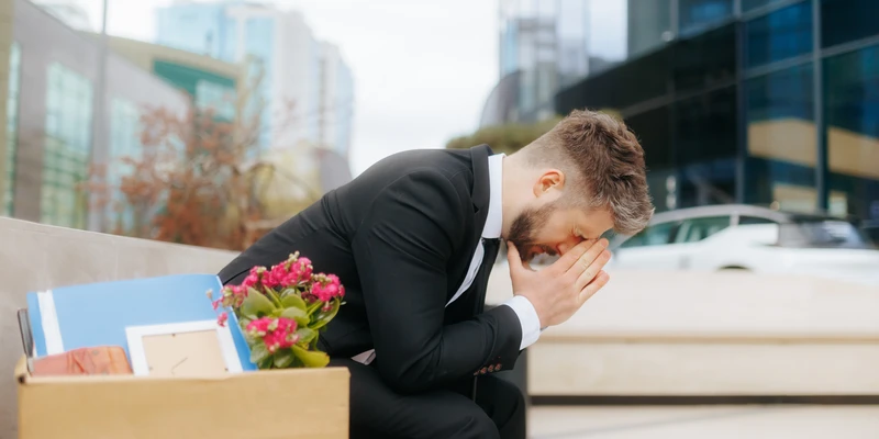 Man sitting outdoors with his head in his hands beside a cardboard box of personal belongings, symbolizing stress, emotional exhaustion, and feelings of overwhelm often linked to Blue Monday.