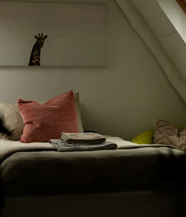 A cozy bed with a pink textured pillow and folded towels, featuring a giraffe artwork on the wall in a dimly lit room.