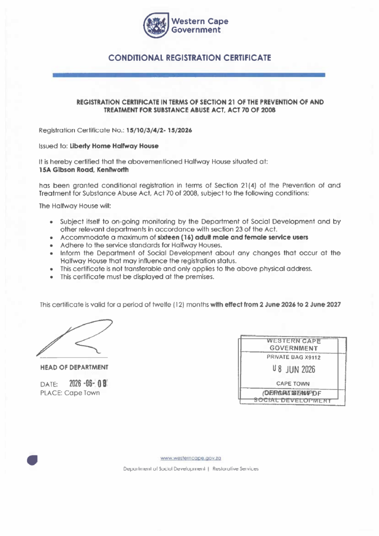 Liberty Home Halfway House conditional DSD registration certificate 15/10/3/4/2-15/2026, valid to 2 June 2027